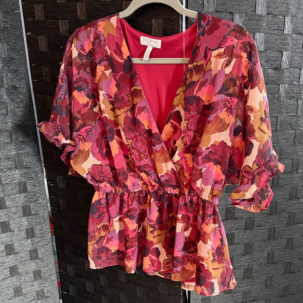 Elegant Floral Wrap Blouse - Red and Pink